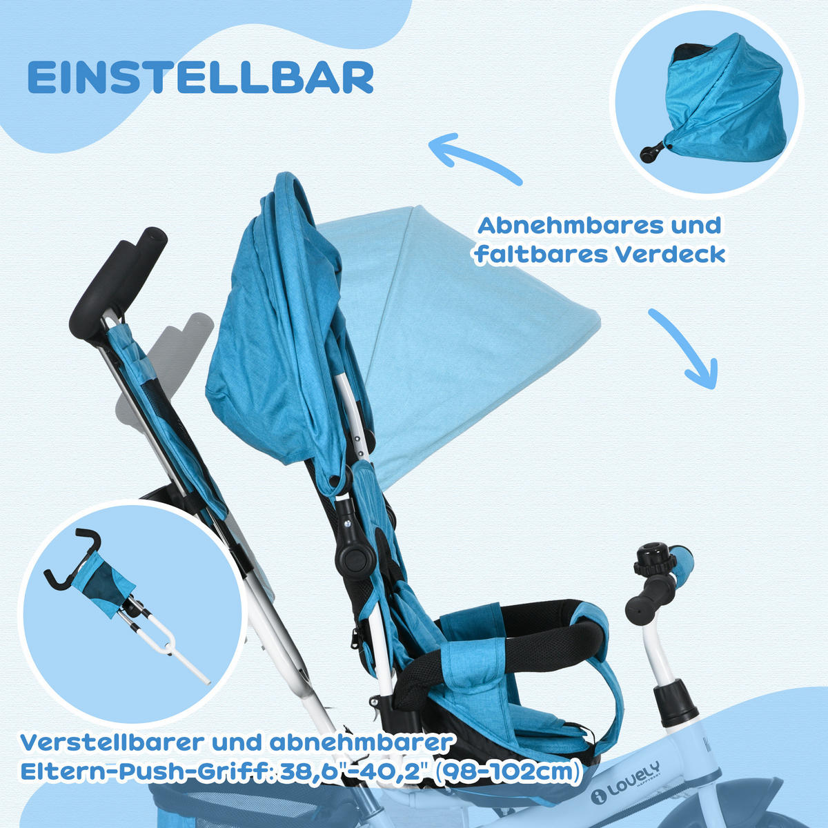 6-IN-1 Dreirad mit Schubstange, Kinderdreirad mit abnehmbarem Sonnendach - Hellblau, Metall (102/49/102cm) - HOMCOM