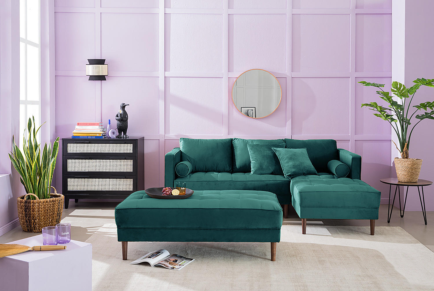 ECKSOFA - Samt - Dunkelbraun/Petrol, Textil (201/155cm) - home24