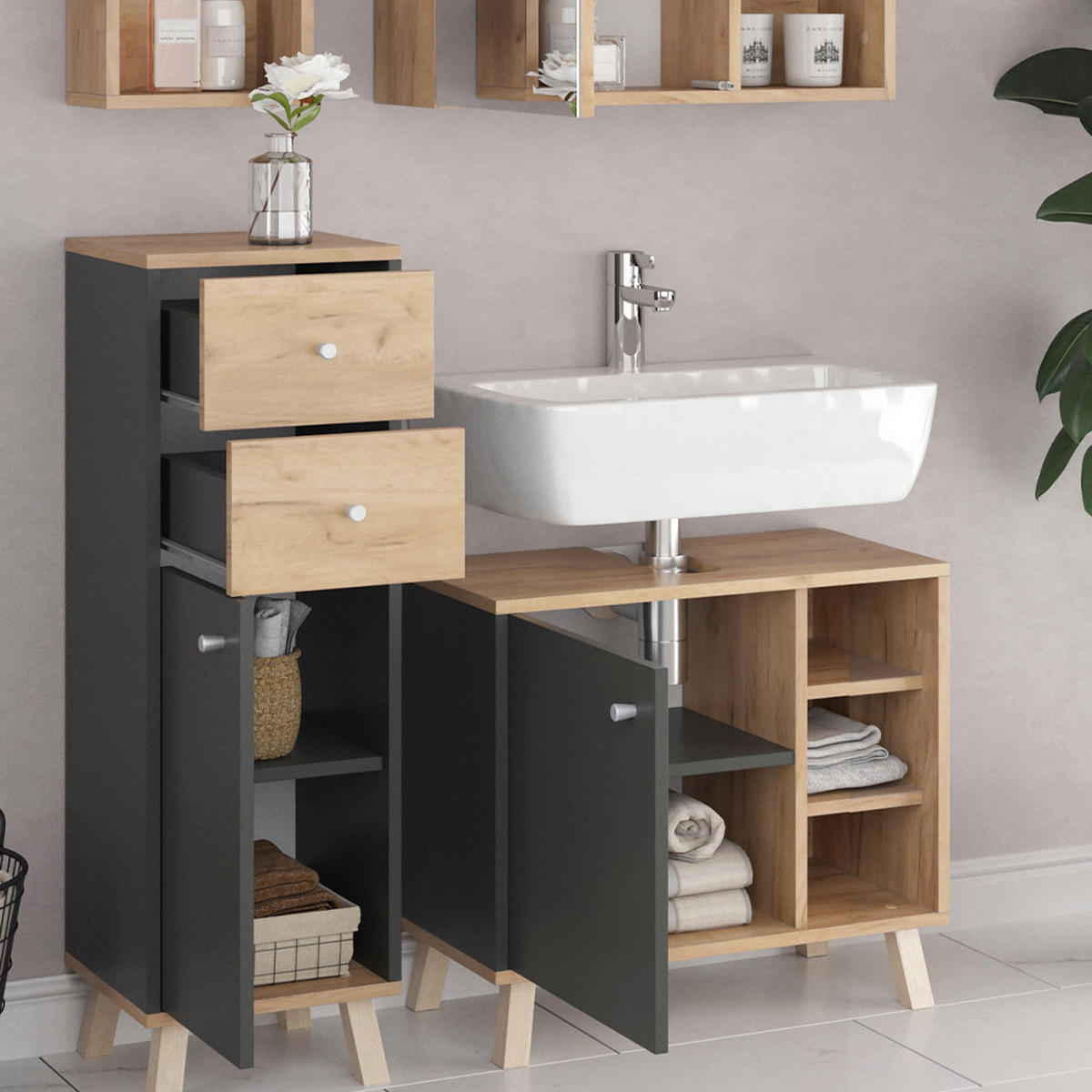 BADMÖBEL-SET Senyo Anthrazit 4 Teile - Honigeiche/Anthrazit, Holzwerkstoff (62/54/32cm) - Vicco