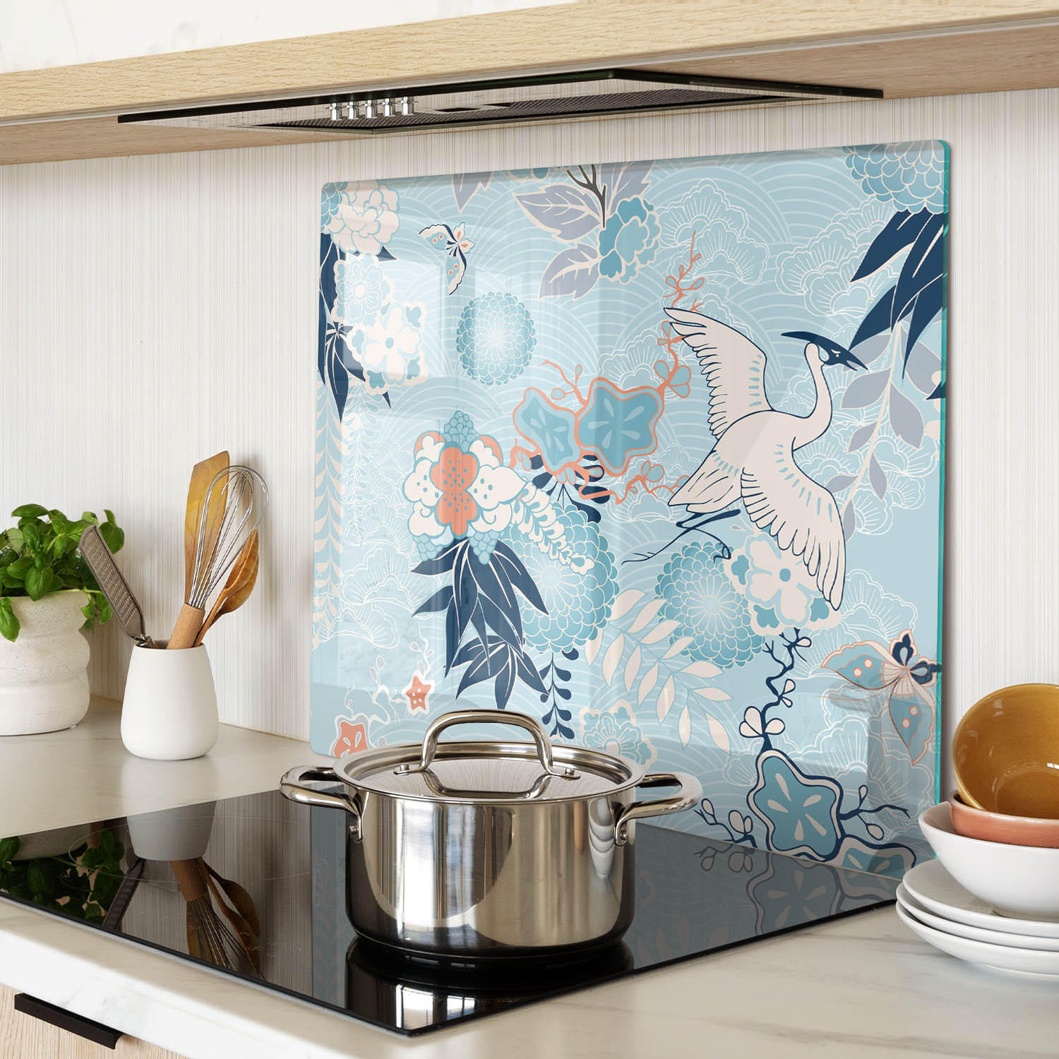 GLASPLATTE 60x52 cm Kranich und Blumen - Blau, Glas (60/0.4/52cm) - TULUP