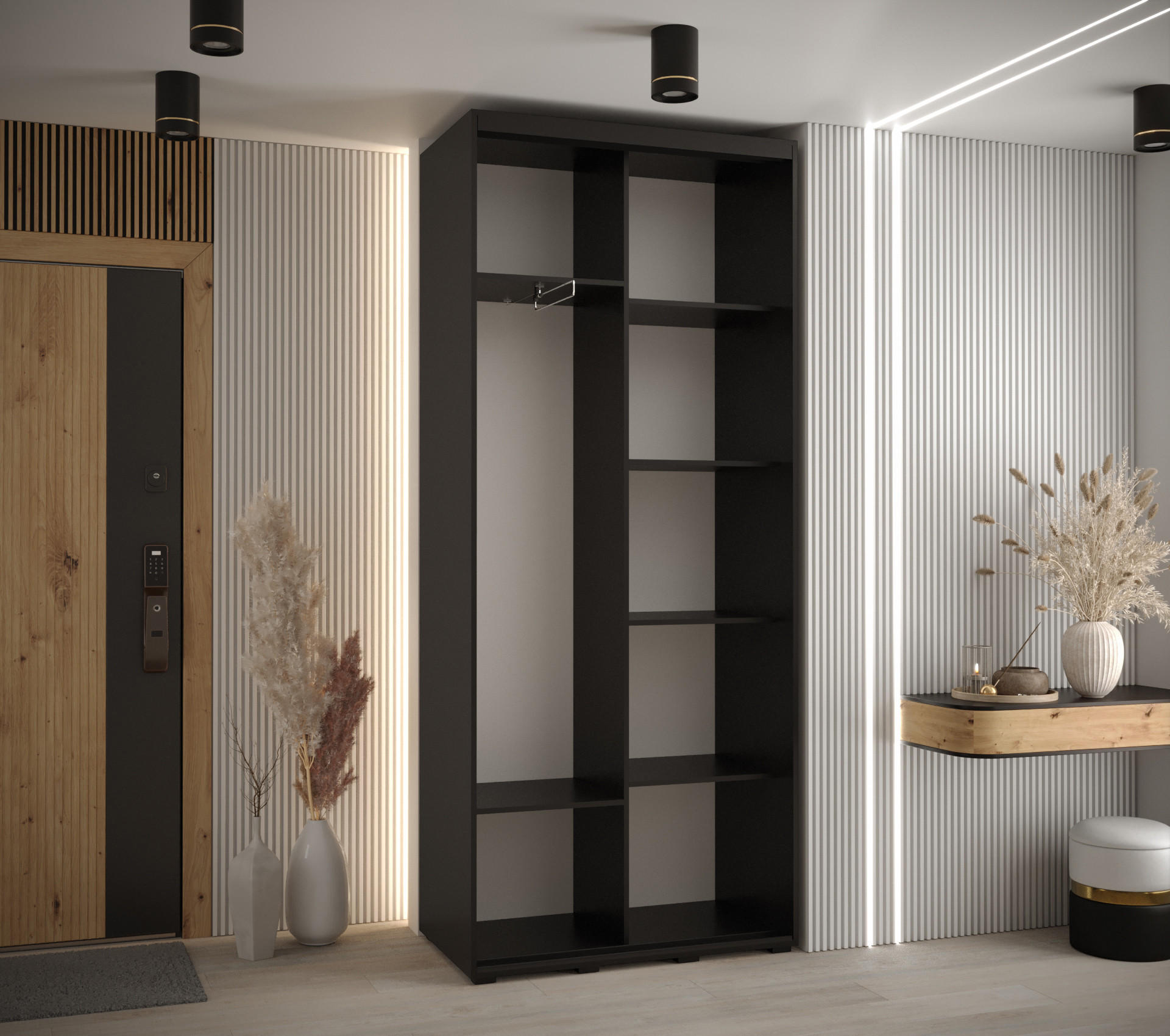 Thumbnail - Abiks Möbel Schwebetürenschrank, Schwarz, Schwarz, Schwarz, Metall, Nachbildung, 6 Fächer, 120x235x45 cm, Schlafzimmer, ...