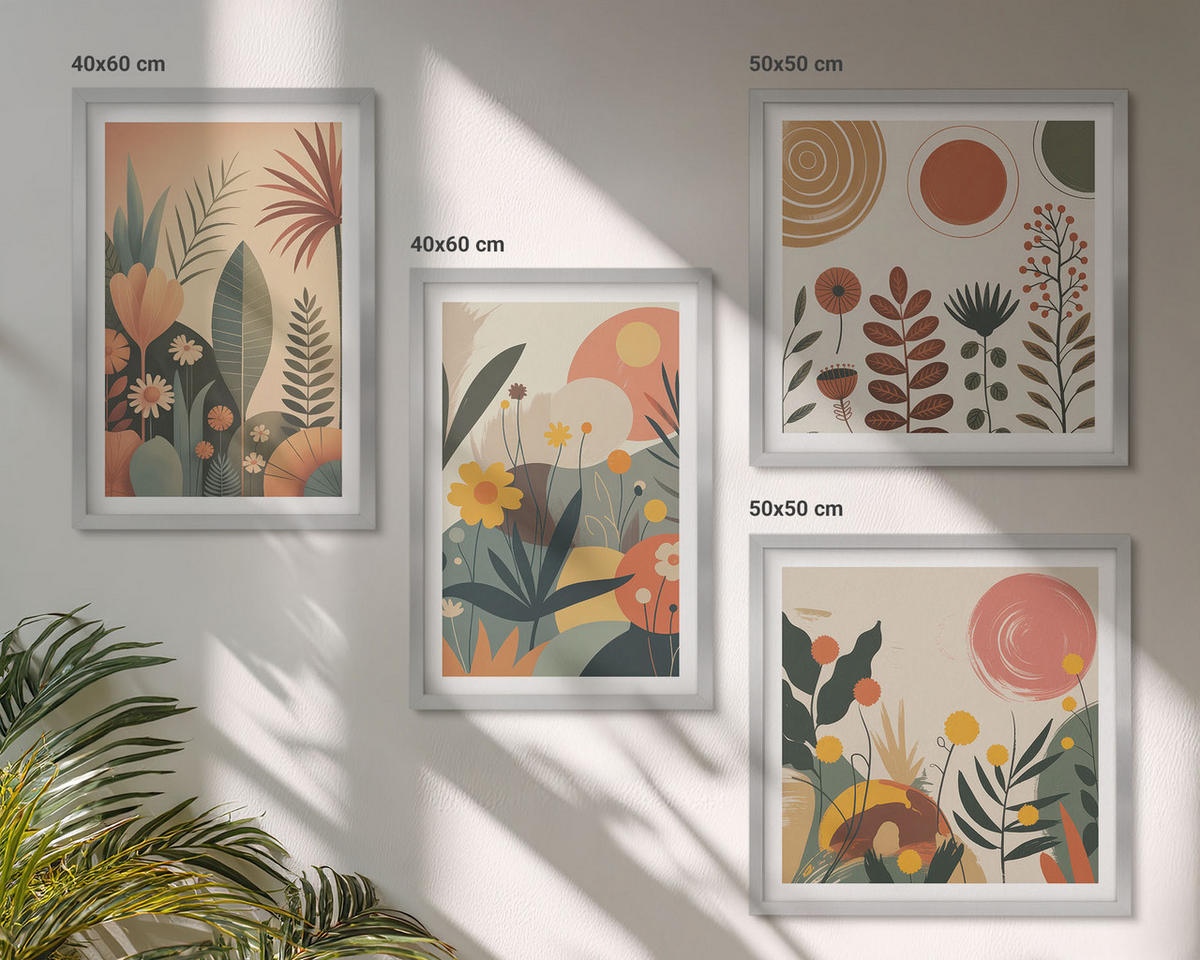 BILDER SET 4er Set - 50x50 cm & 40x60 cm Silberner Rahmen - Boho-Pflanzenmuster - Silberfarben, Kunststoff (50/50cm) - TULUP