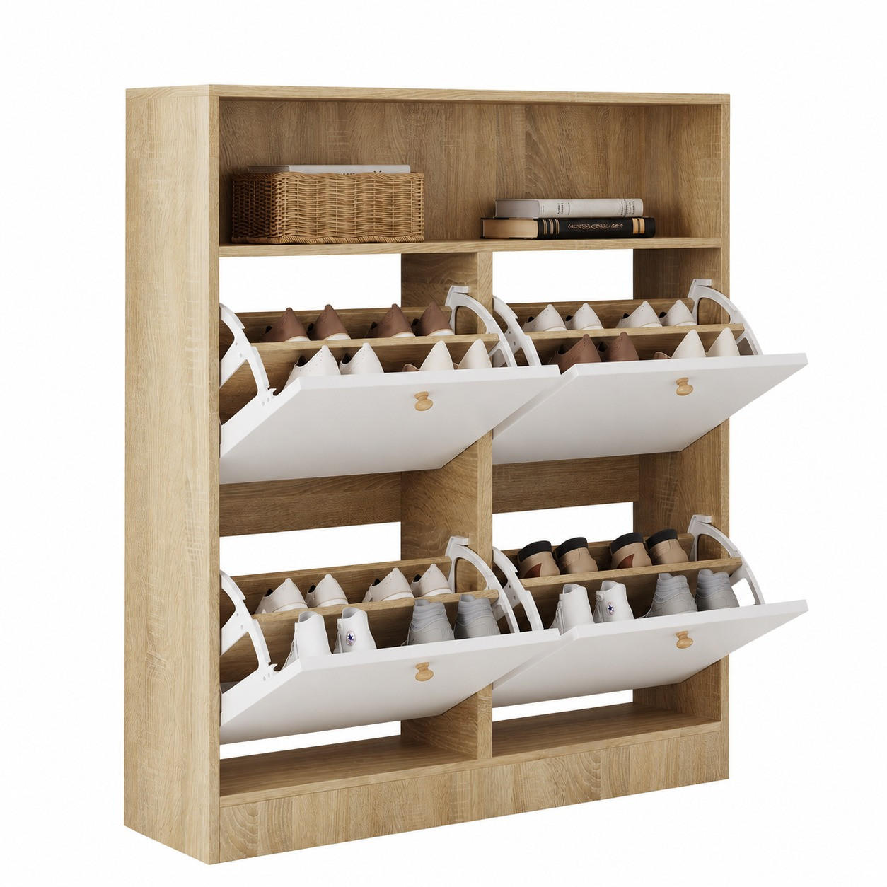 STILVORA SKŘÍŇ NA BOTY v přírodní a bílé barvě se 4 výklopnými přihrádkami, do předsíně a vstupu, 90 × 24 × 104,5 cm