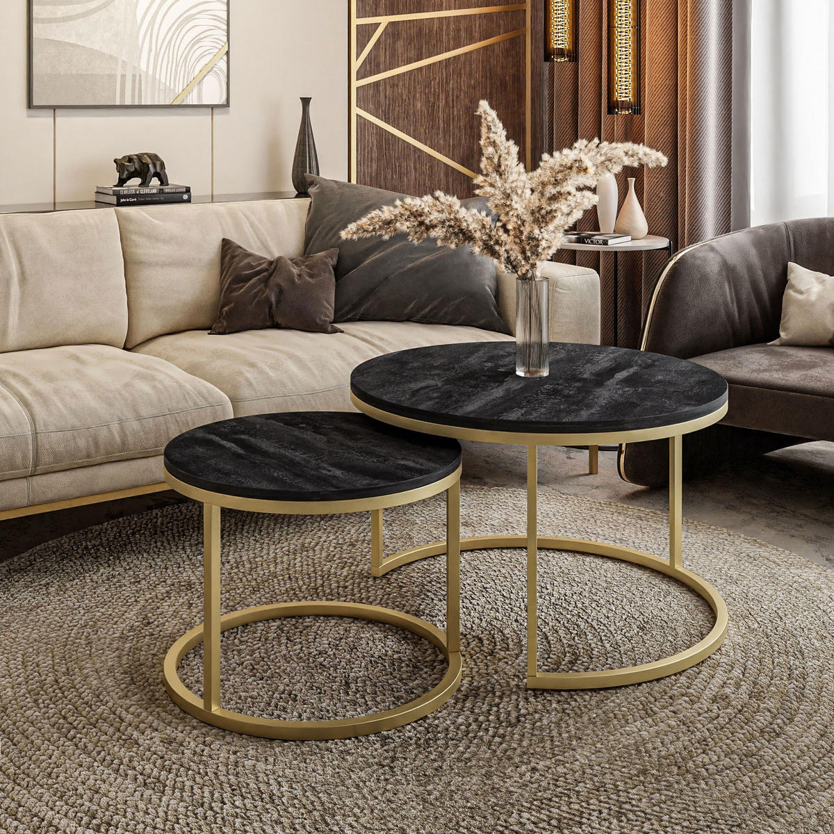 COUCHTISCH 2-in-1 CIRI dunkler Beton matt gold - Goldfarben, Holzwerkstoff (70/70/48cm) - Lookway