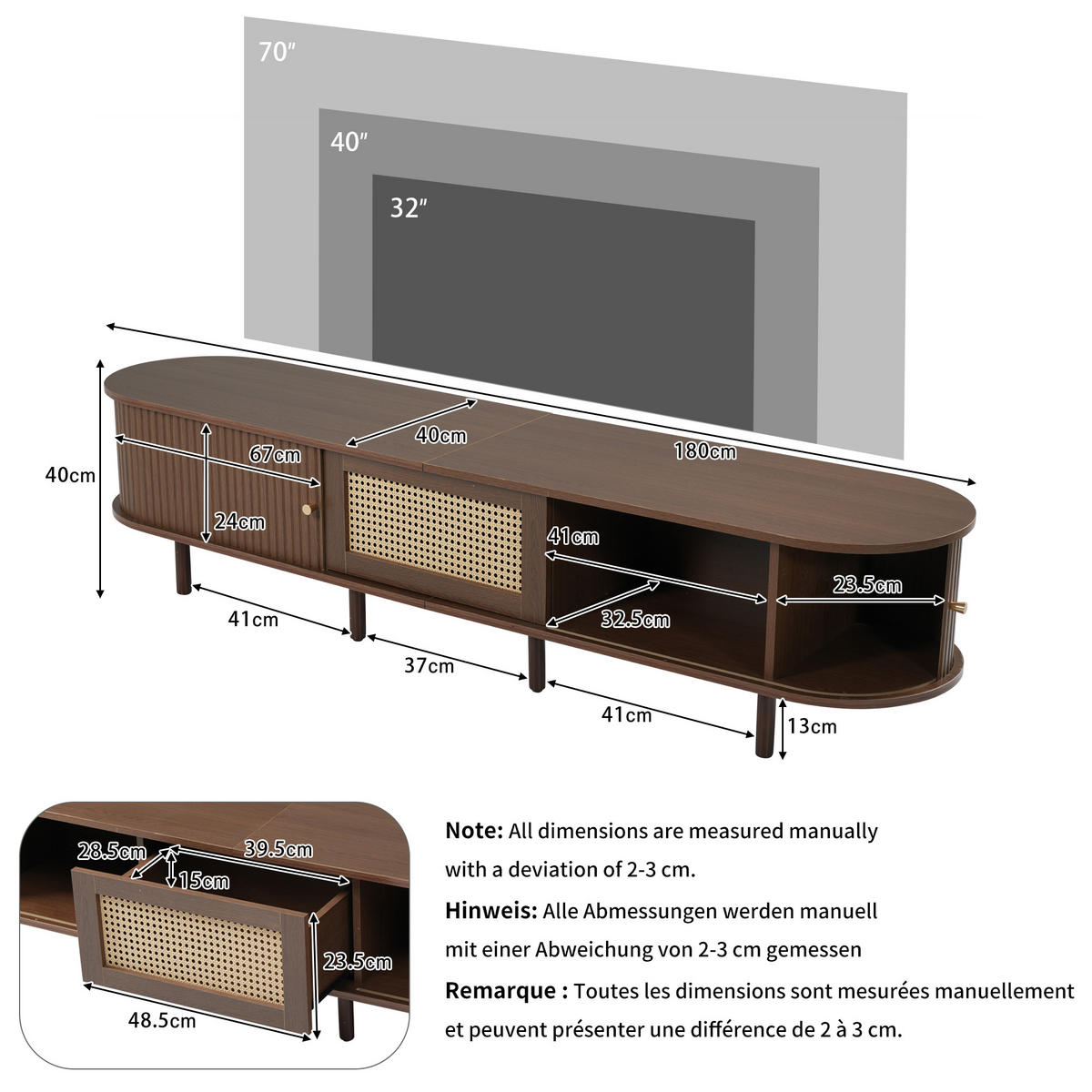 LOWBOARD im Retro-Modern Design mit Rattan-Dekor Dunkel Walnuss 180/40/40 cm XL - Eichefarben, Holz/Holzwerkstoff (180/40/40cm) - EVRYAE