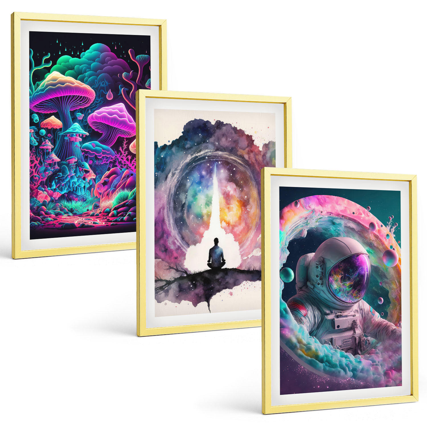 BILDER SET 3er Set - 40x60 cm Goldrahmen - Farbenfrohe Fantasy-Kunstillustrationen - Goldfarben, Kunststoff (40/60cm) - TULUP