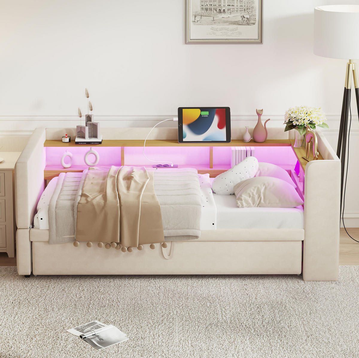 ČALÚNENÉ rozkladacie gaučové lôžko z flanelu 90x190 cm béžové s LED osvetlením, zásuvkami a úložnými priehradkami - béžová, textil (90/190cm) - Modfu