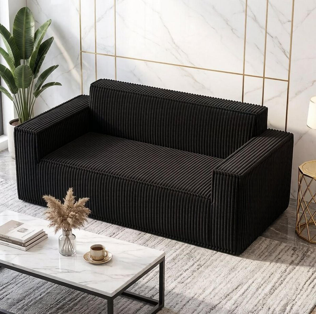 SOFA 2-Sitzer aus Cord mit tiefem Sitz Schwarz - Schwarz, Kunststoff (178/70/86cm) - Meubliv