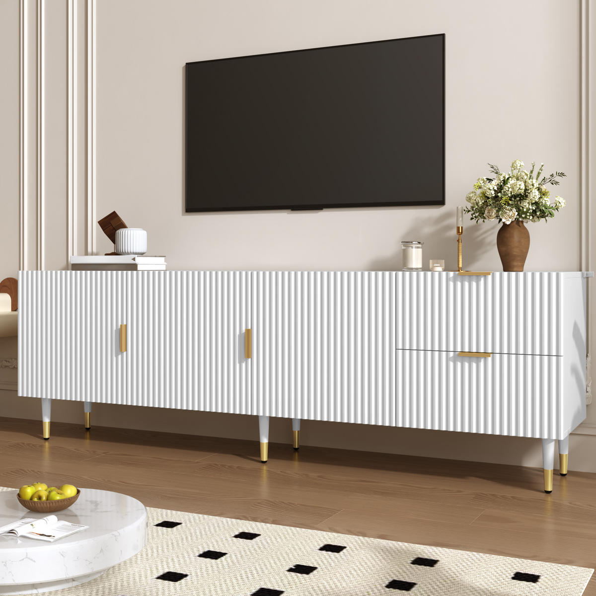 TV-SCHRANK mit Schubladen, goldenen Griffen und Beinen - Weiß, Holzwerkstoff (170/55/35.5cm) - FLIEKS