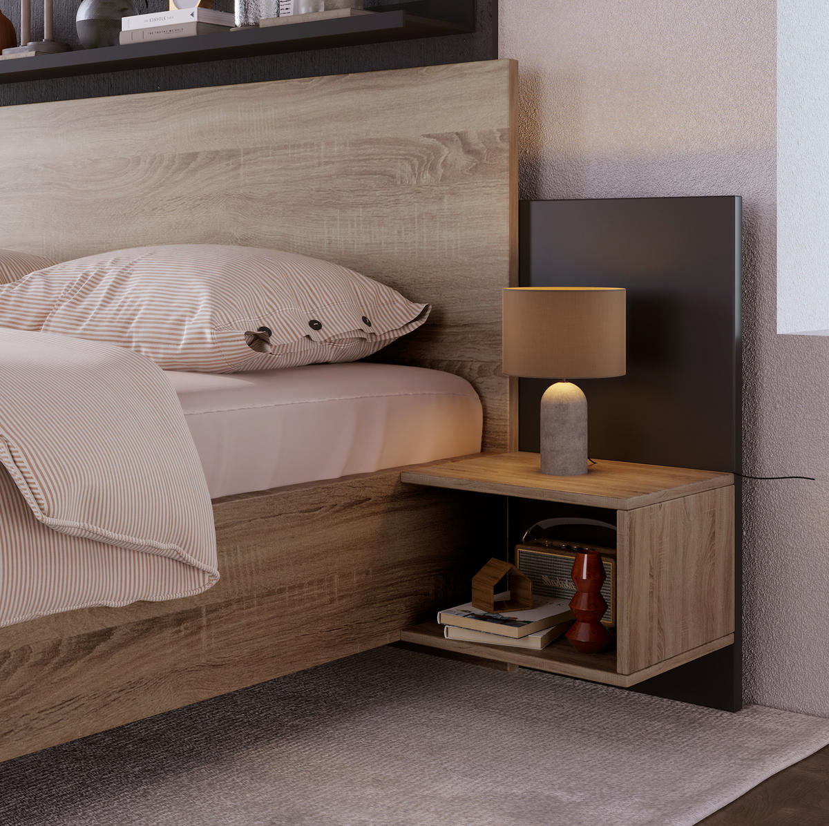 DOPPELBETT 160/200 cm mit 2 Nachtkommoden in Sonoma-Eiche/Dunkelgrau - Dunkelgrau, Holz (160/200cm) - BEAOK