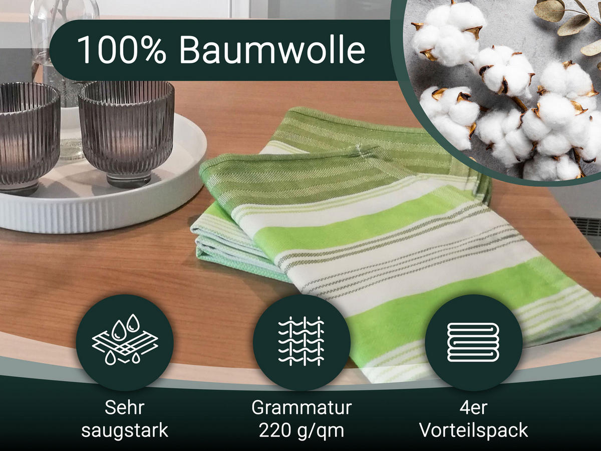 GESCHIRRTÜCHER, 4er-Set, 50x70 cm, 100% Baumwolle, Grün - Grün, Textil (50/70cm) - Zollner