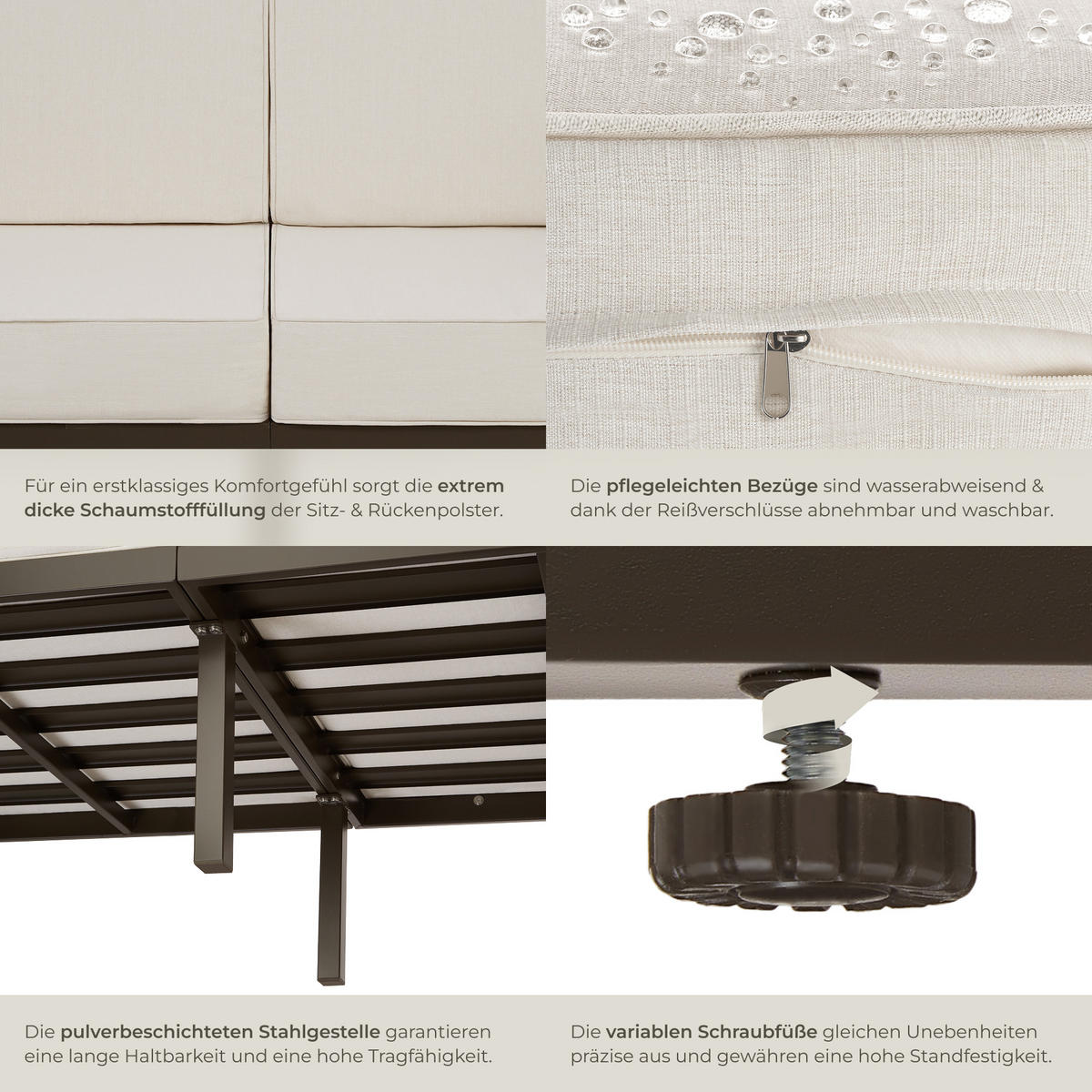 GARTEN-LOUNGESET Comosa,höhenverstellbare Füße,braun/beige - Beige/Braun, Kunststoff - tectake