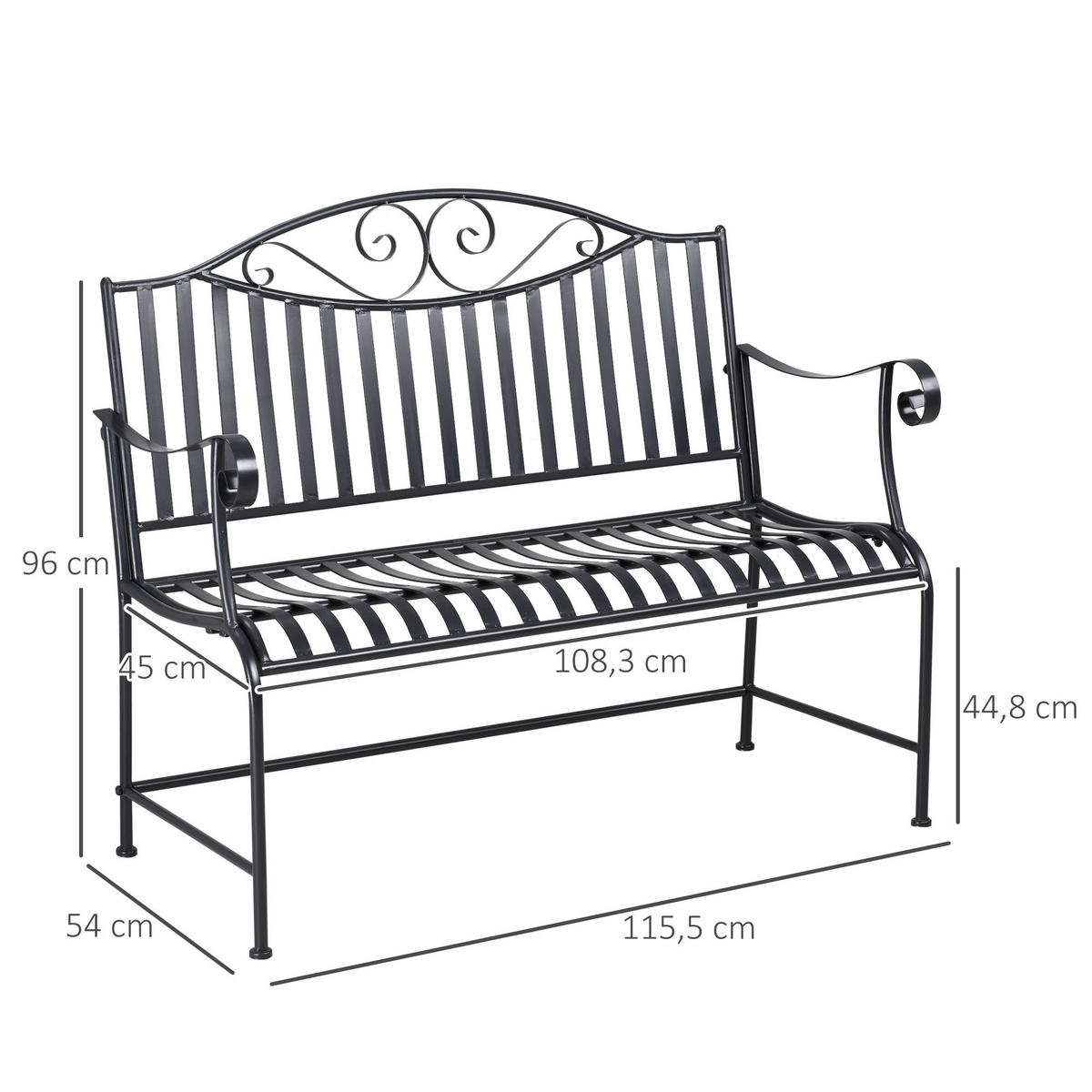GARTENBANK, 2-Sitzer, bis 220 kg belastbar, 115,5 x 54 x 96 cm, Metall, Grau - Grau, Metall (115.5/96/54cm) - Outsunny