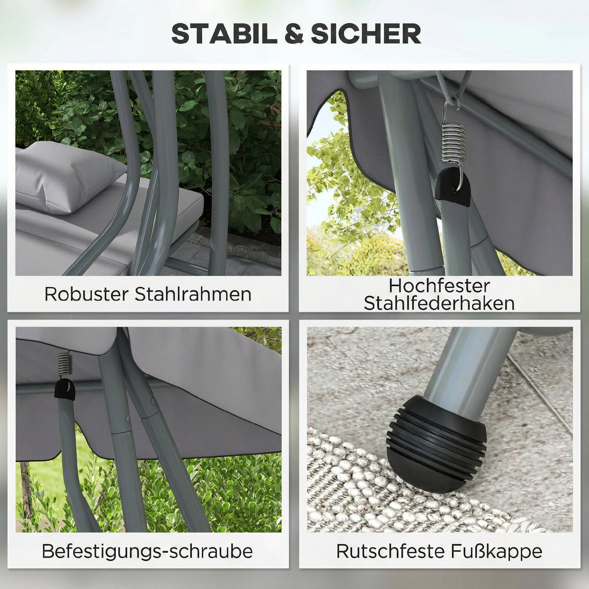 2-IN-1 HOLLYWOODSCHAUKEL DE-07032 Mit Liegefunktion, verstellbares Dach, Grau - Hellgrau, Textil/Metall (200/164/120cm) - ComfortXL
