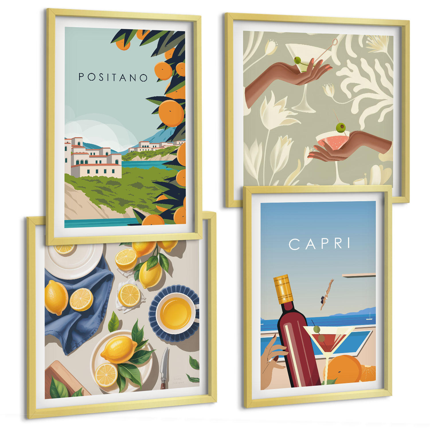 BILDER SET 4er Set - 50x50 cm & 40x60 cm Goldrahmen - Italienische Zitronenurlaube Capri - Goldfarben, Kunststoff (50/50cm) - TULUP