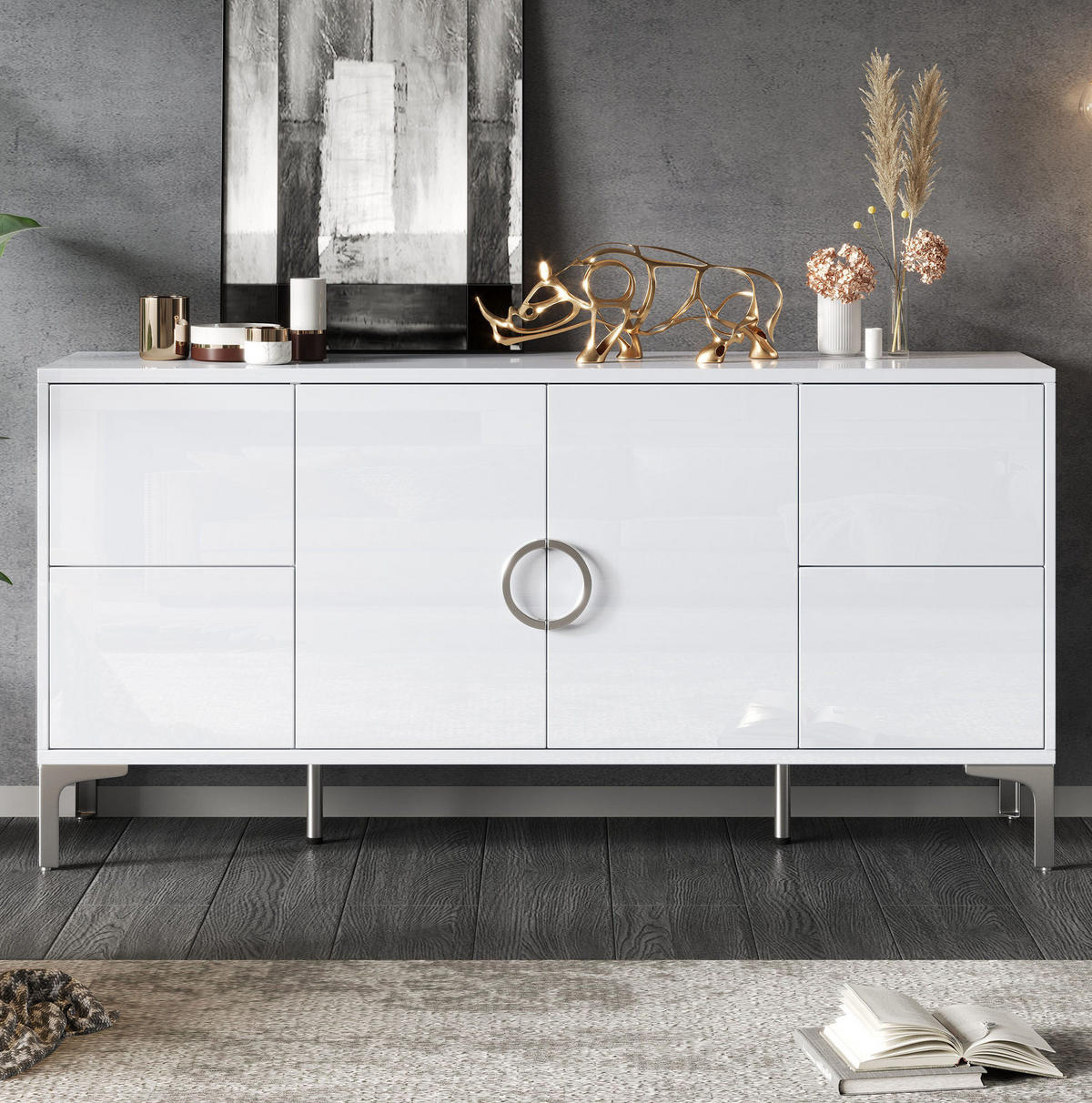 SIDEBOARD aus MDF 150x38x59,5 cm Weiß mit 4 Schubladen, 2 Türen und Hochglanzoberfläche - Weiß, Holzwerkstoff (150/59.5/38cm) - Modfu