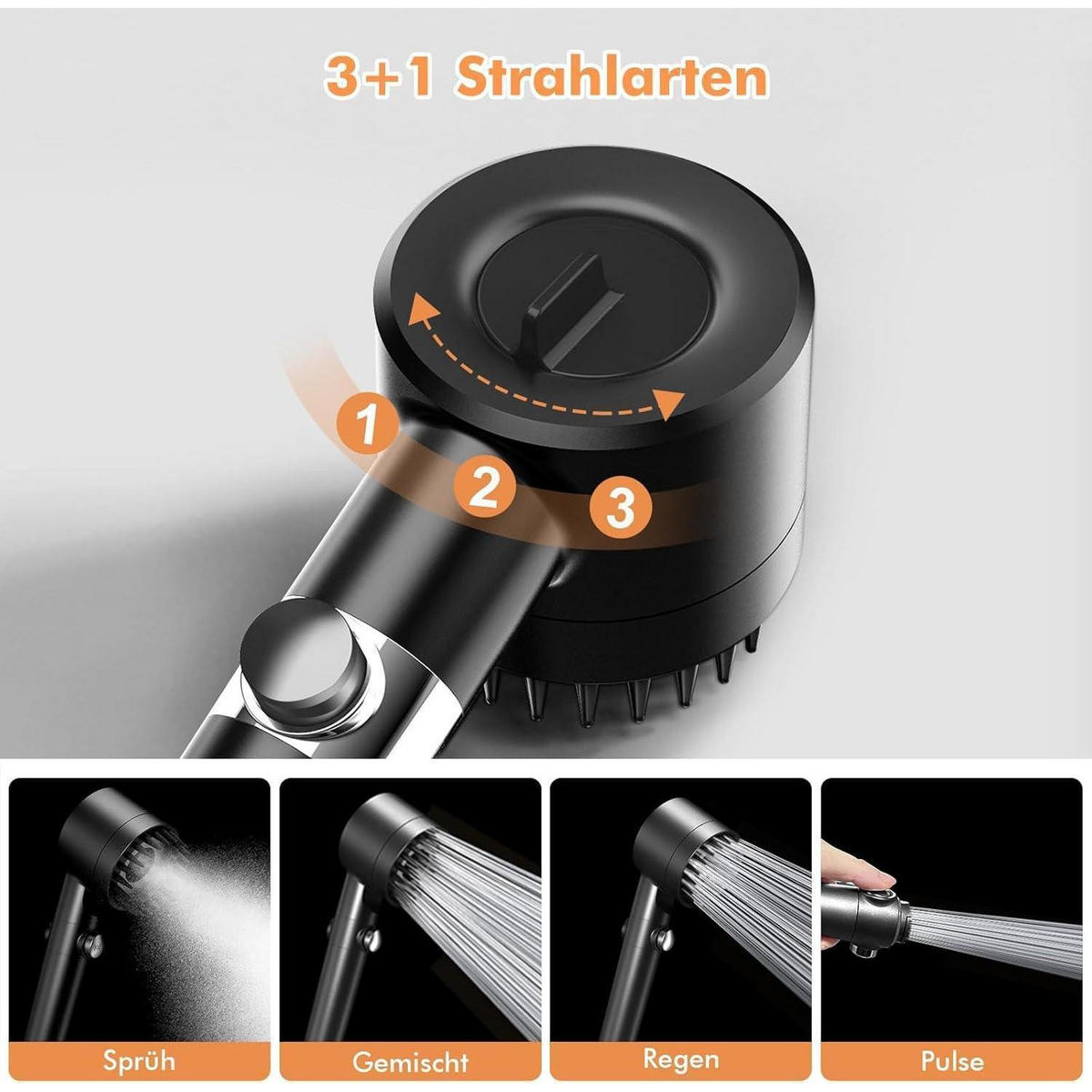 HANDBRAUSE mit Filter Schwarz 3 Strahlarten - Schwarz, Kunststoff (9/12.7/27cm)
