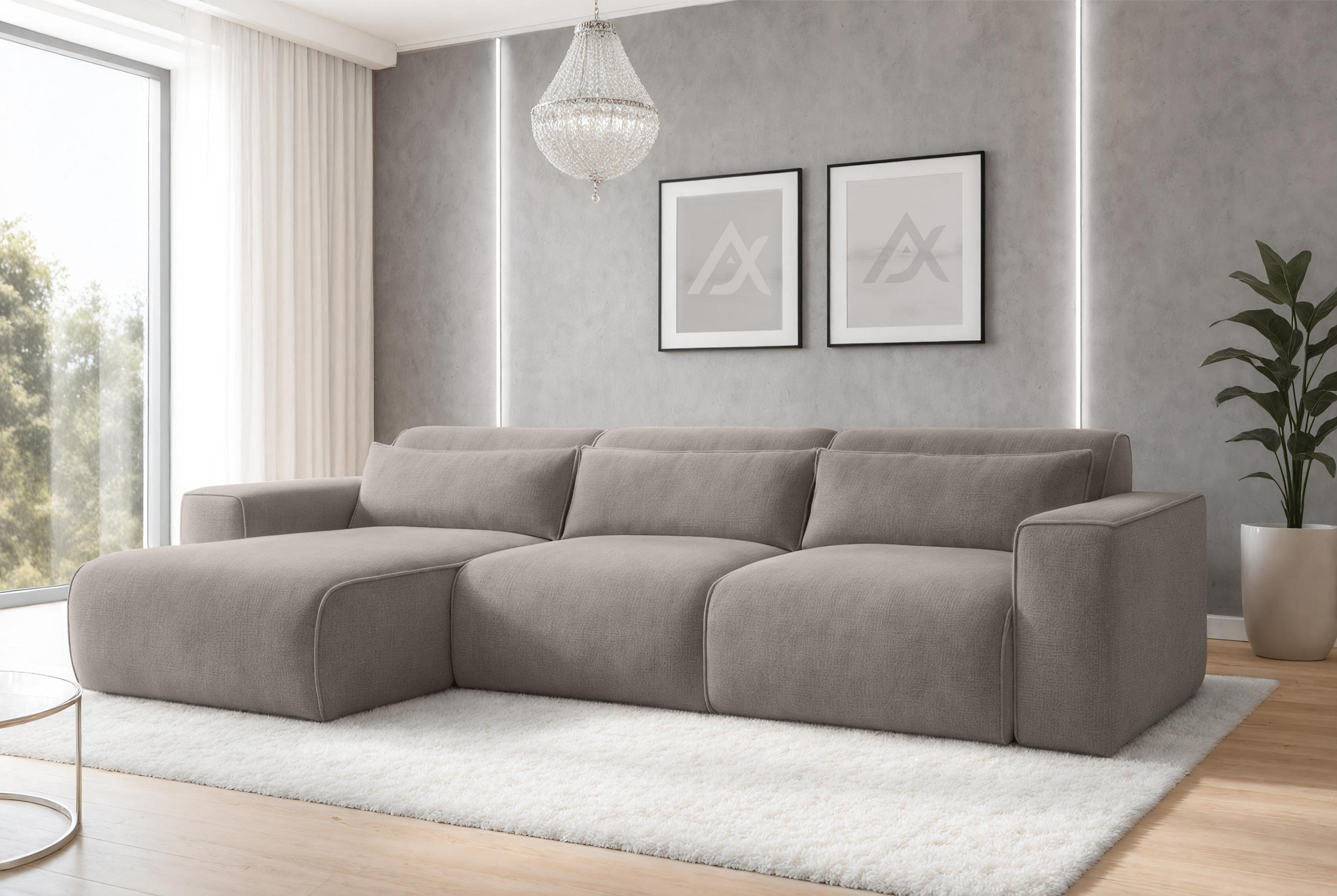 Thumbnail - AX Living Ecksofa, Hellbraun, Textil, Teilmassiv,Kiefer, Uni, 5-Sitzer, Füllung: Polyurethan (Pur), L-Form,Rechteckig, r...