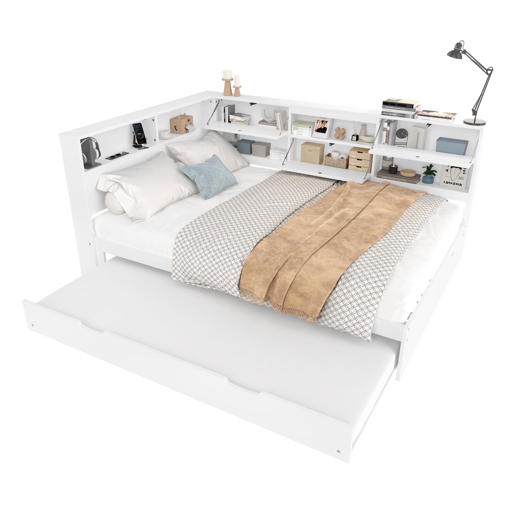 TAGESBETT 140/200 cm mit Ausziehbett, Stauraum-Kopfteil und USB-/USB-C-Anschluss, Weiß - Weiß, Holzwerkstoff (140/200cm) - Redom