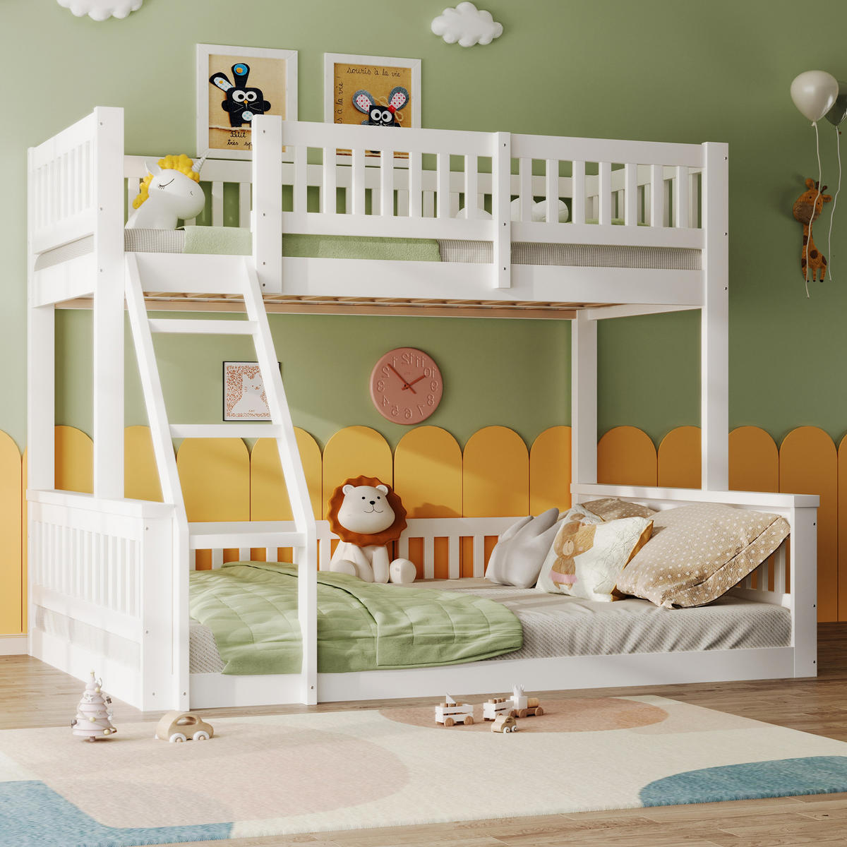 ETAGENBETT 90x200cm + 140x200cm Weiß Leiter Bettgitter - Weiß, Holz (140/200cm) - FLIEKS