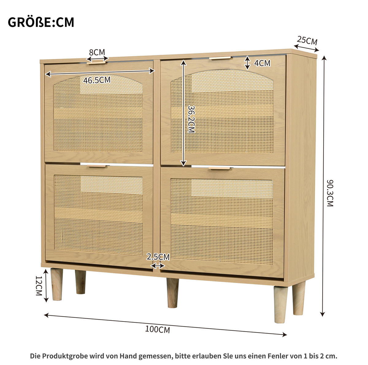 SCHUHSCHRANK 25/100/90 cm mit 4 Klappen und Rattanfronten, platzsparend, Helle Eiche - Naturfarben, Holzwerkstoff (100/90/25cm) - Redom