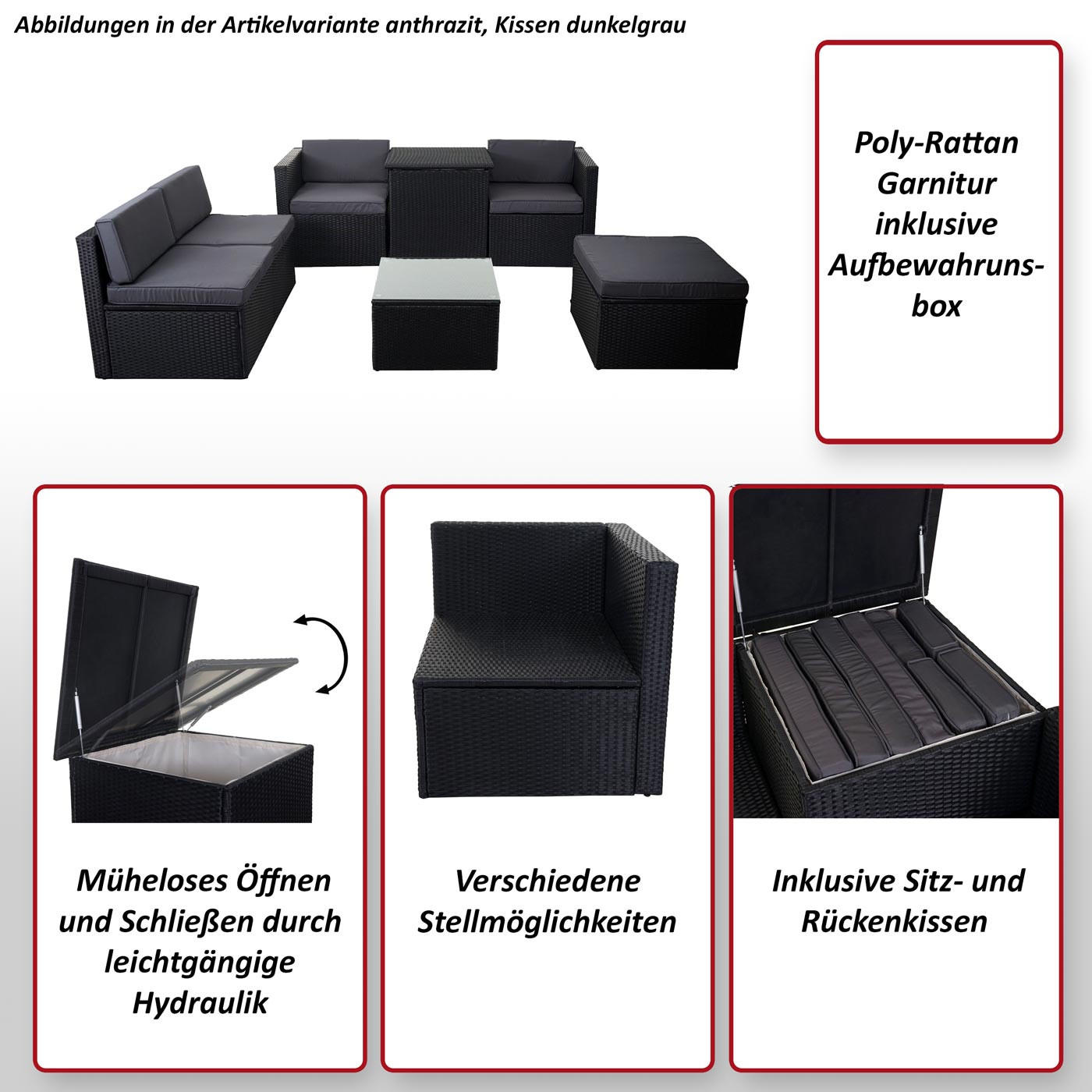 POLY-RATTAN-GARNITUR STAUFACH Anthrazit - Anthrazit, Kunststoff - MCW