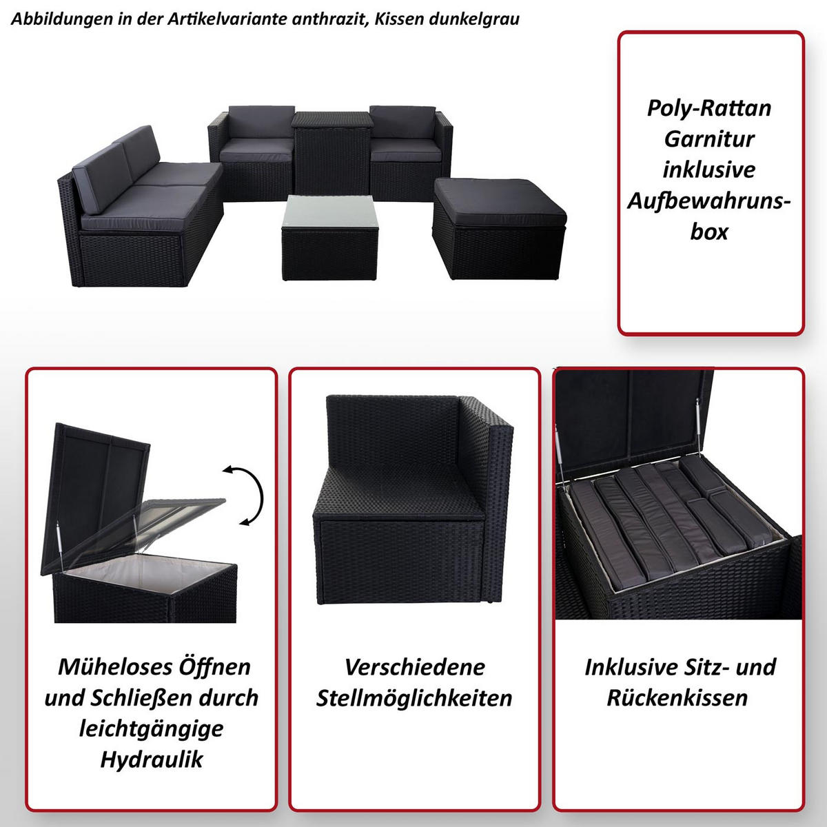 POLY-RATTAN-GARNITUR STAUFACH Anthrazit - Anthrazit, Kunststoff - MCW