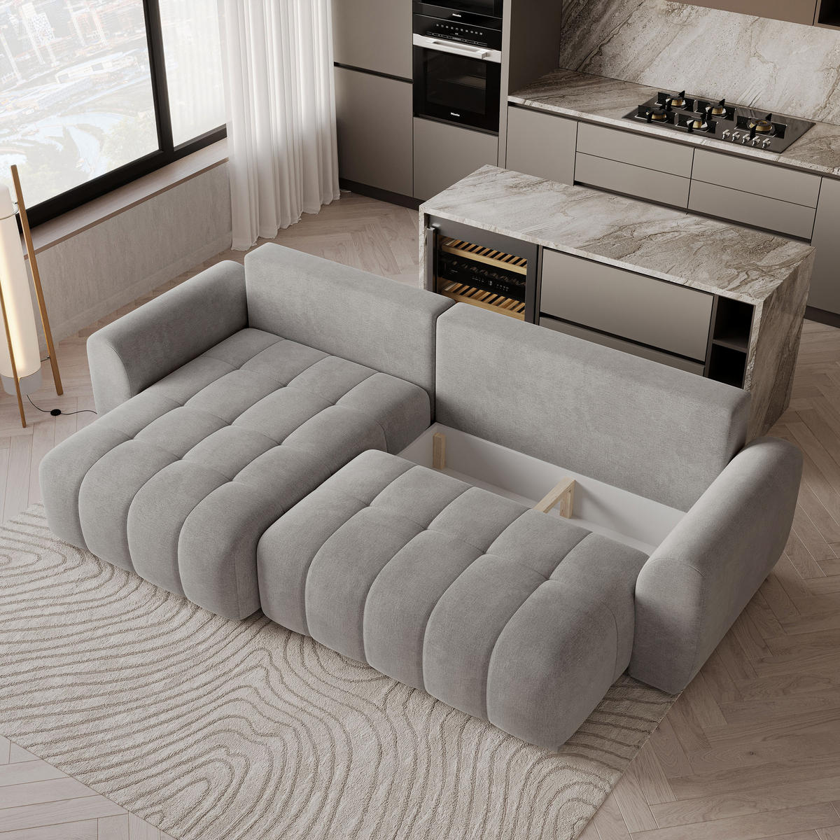 ECKSOFA MODARO CL Hellgrau Samtstoff mit Schlaffunktion - Hellgrau, Holzwerkstoff/Textil (285/148cm) - MASSENO