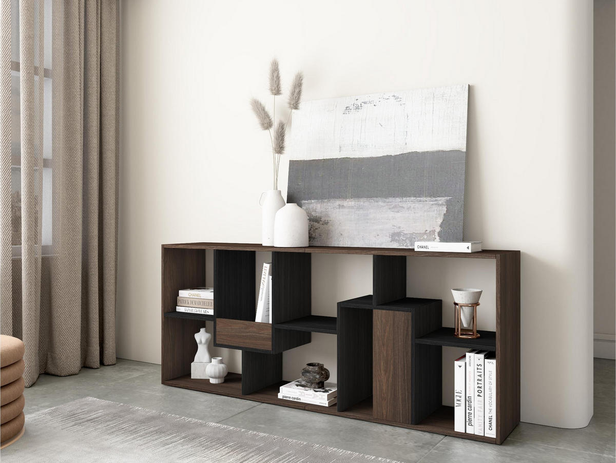 REGAL Bibliothek, Eiche dunkel und Schwarz, 67/31/162cm - Dunkelbraun/Schwarz, Holzwerkstoff (67/162/31cm) - Skraut Home