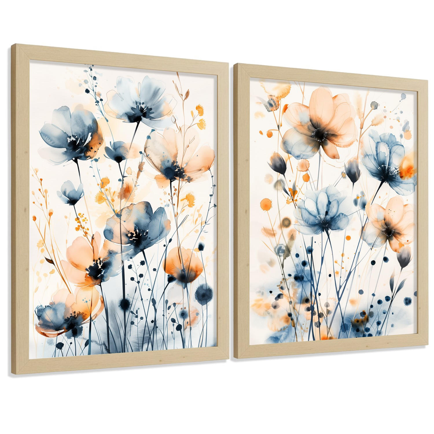 POSTER 2er-Set Wandbilder Blumen Blau Orange Boho modern Wohnzimmer Deko, Schlafzimmer, Küche, Badezimmer Rahmenlos A4 - Beige, Papier (29.7/1/21cm) - Nacnic