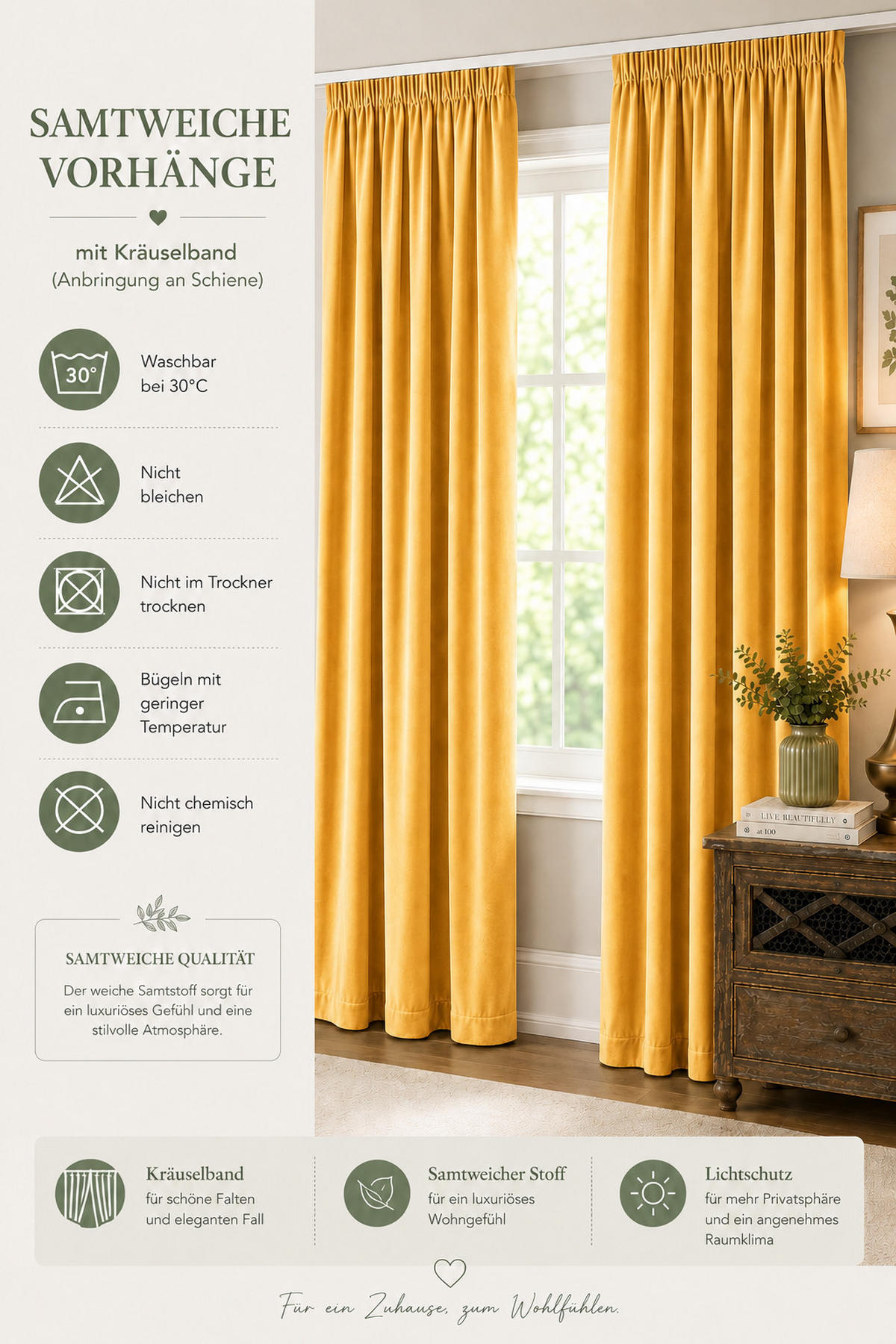 VORHANG Kräuselband Samt 140/145 cm gelb - Gelb, Textil (140/145cm) - TiborTex