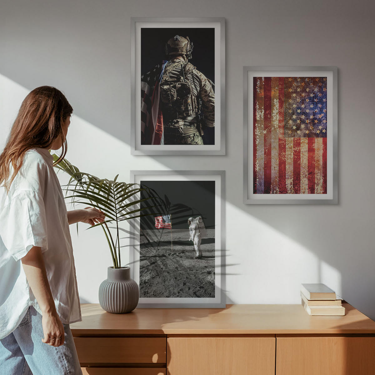 WANDBILDER 3er Set - 40x60 cm Silberner Rahmen - Amerikanische Symbole, USA-Flagge - Silberfarben, Kunststoff (40/60cm) - ArtPrintCave