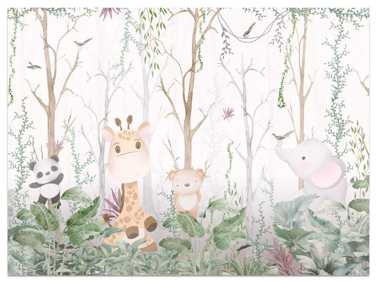 FOTOTAPETE für Kinderzimmer Märchenhafte Tiere Wald Bäume Pflanzen 500x350 - Beige/Rosa, Papier (500/350cm) - Muralo