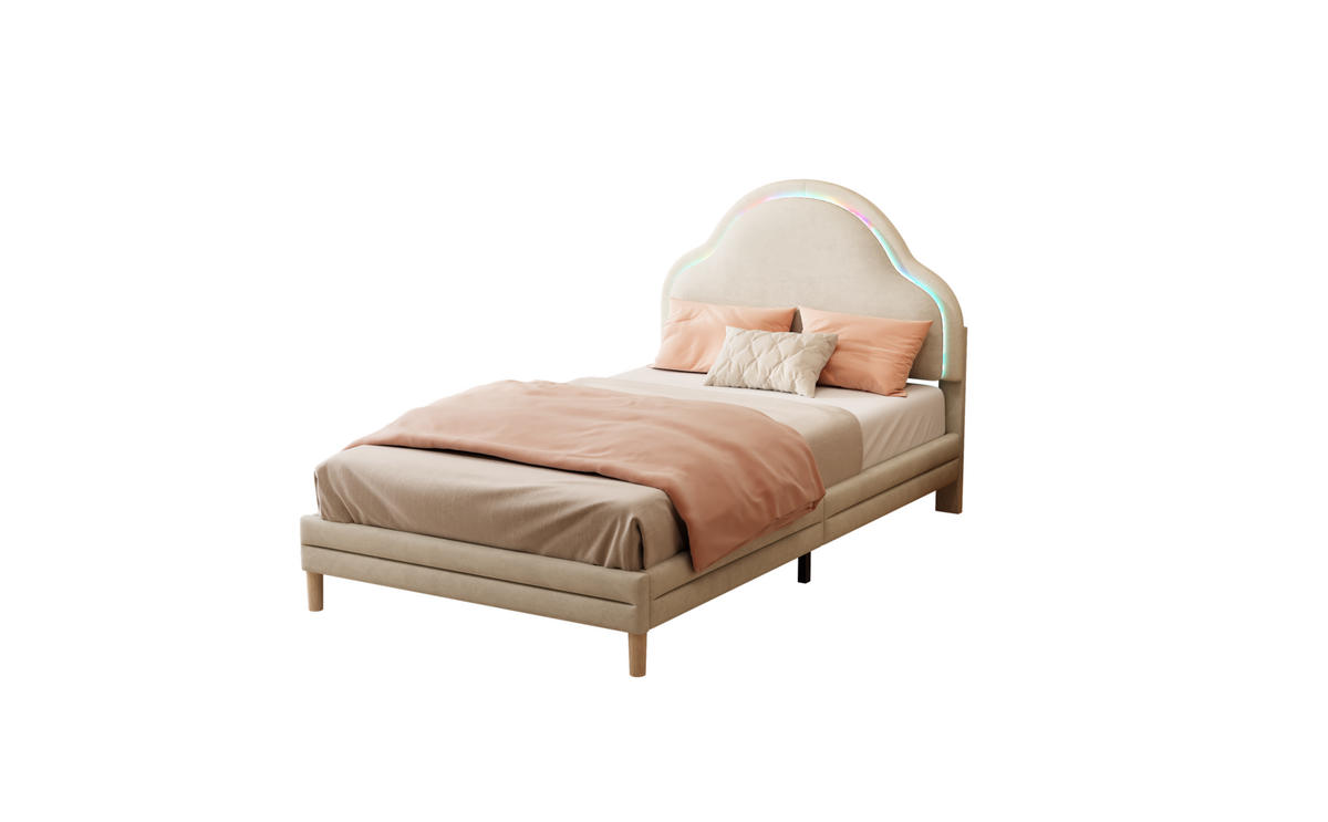 POLSTERBETT 90/200 cm Beige mit wolkigem Kopfteil und LED-Beleuchtung aus Samt - Beige, Textil (90/200cm) - OKWISH