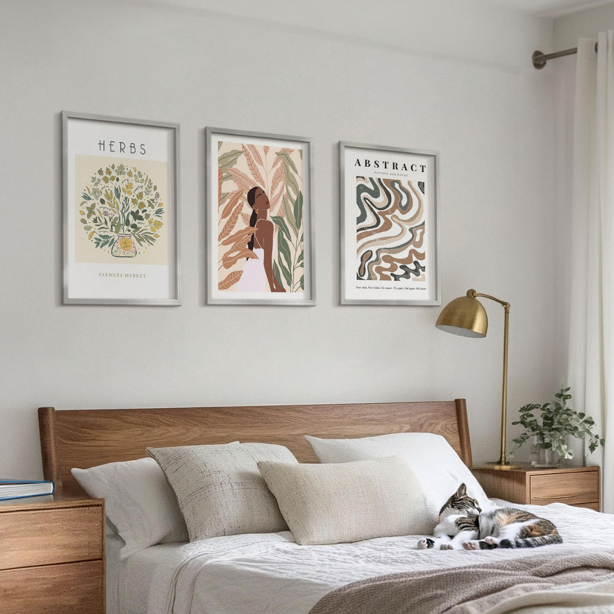 BILDER SET 3er Set - 40x60 cm Silberner Rahmen - Boho-Pastell-Minimalisten-Poster - Silberfarben, Kunststoff (40/60cm) - TULUP