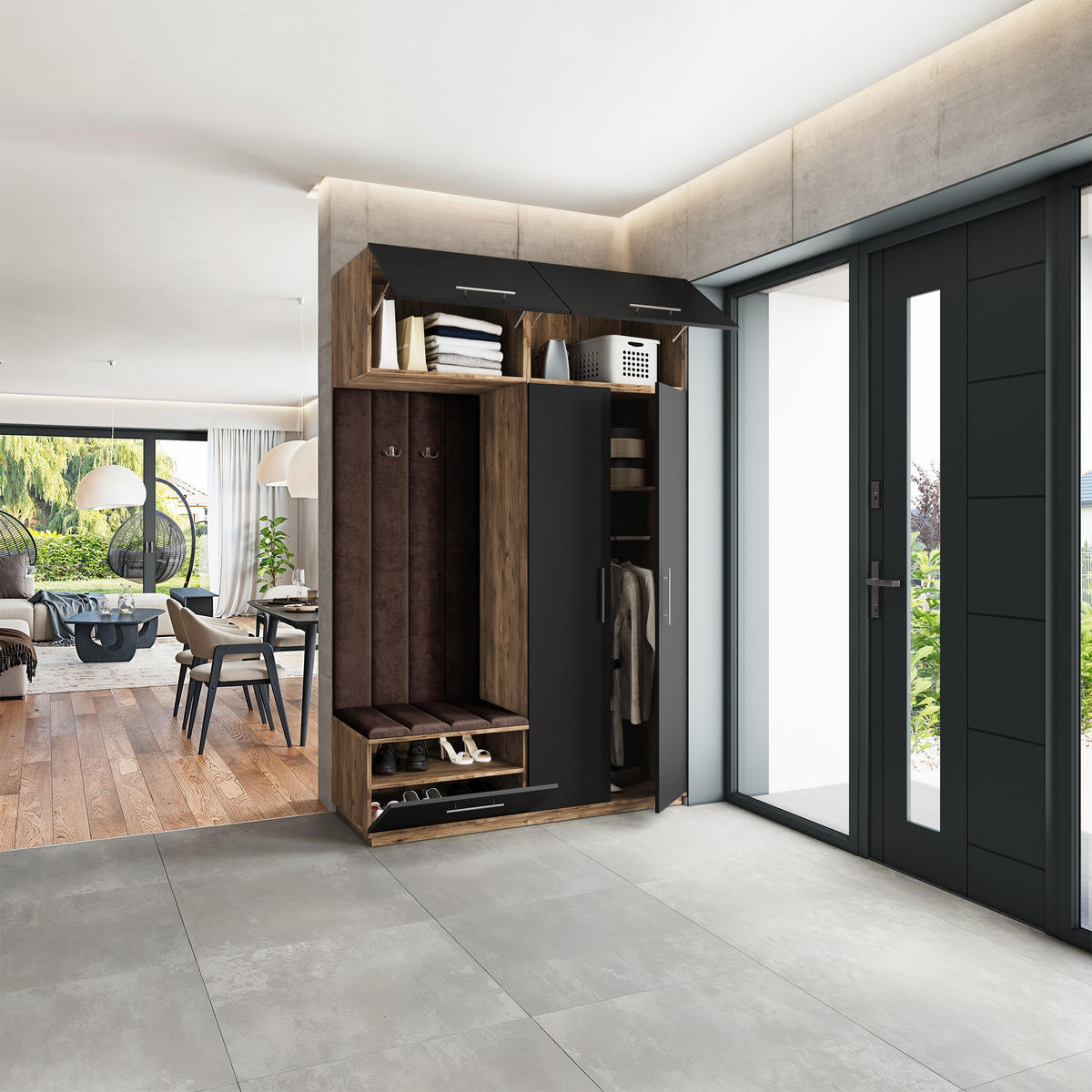 GARDEROBENSCHRANK REMA 150/240/60 cm Modern Garderobe-Set Eiche Lefkas - Eichefarben/Schwarz, Holzwerkstoff (150/240/60cm) - MASSENO