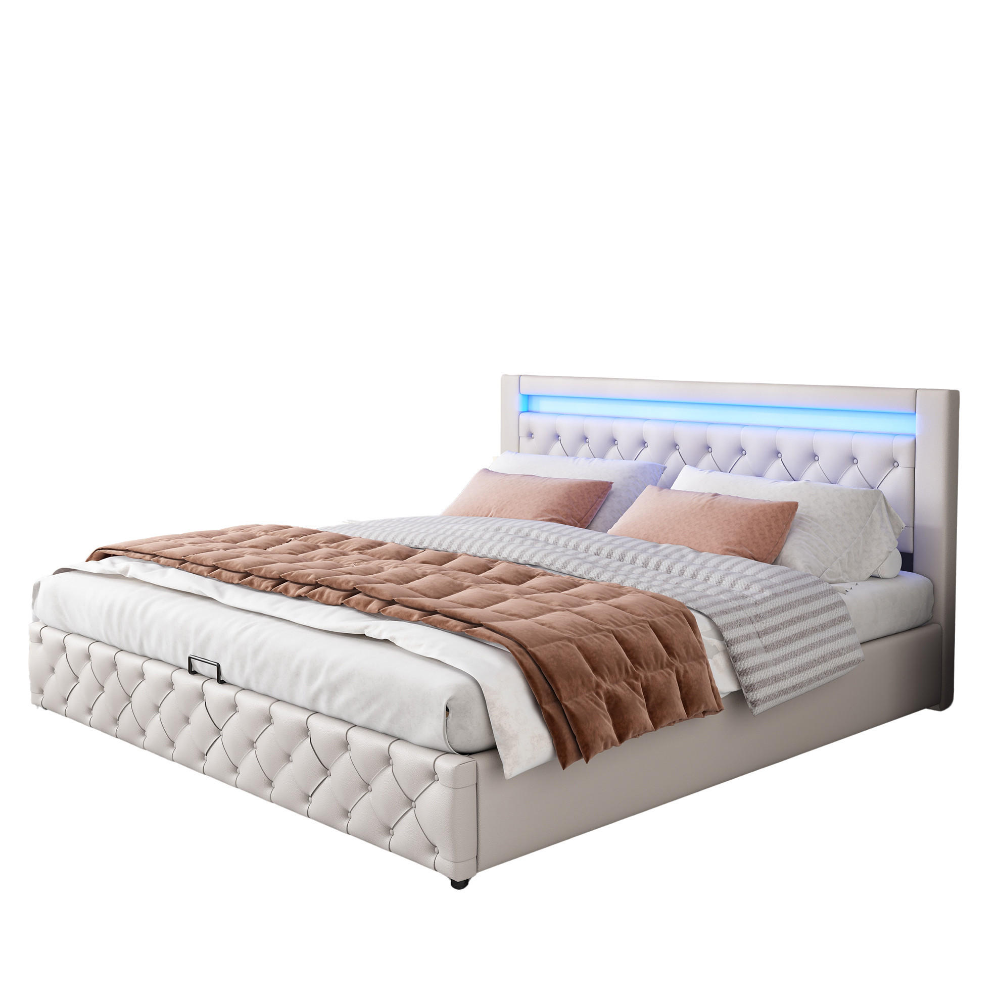 POLSTERBETT 160/200 cm mit LED-Beleuchtung, Lattenrost und Bettkasten, Weiß - Weiß, Kunststoff (160/200cm) - Redom