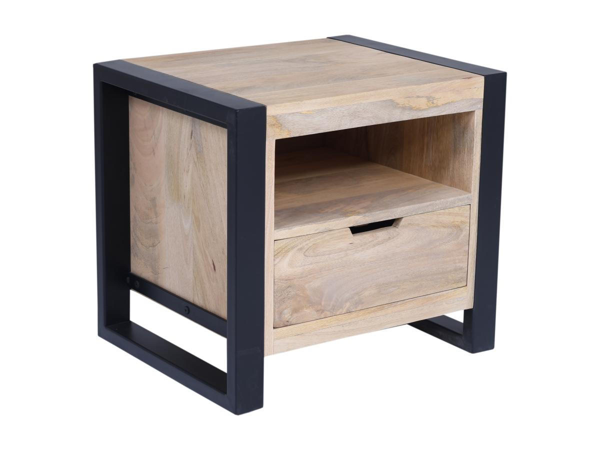 NACHTTISCH mit 1 Schublade & 1 Ablagefach - Mangoholz & Metall - Holzfarben & Schwarz - HARLEM II - Schwarz, Holz (40/45/50cm) - Vente-Unique