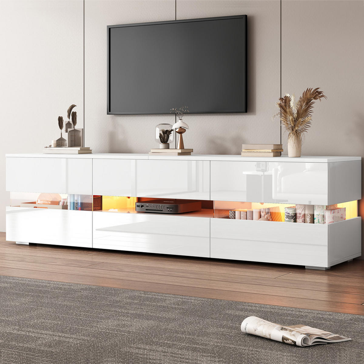 TV-SCHRANK 160x39cm Hochglanzweiß LED 2 Türen 1 Schublade bis 70 Zoll - Weiß, Holz (49/19/92cm) - FLIEKS