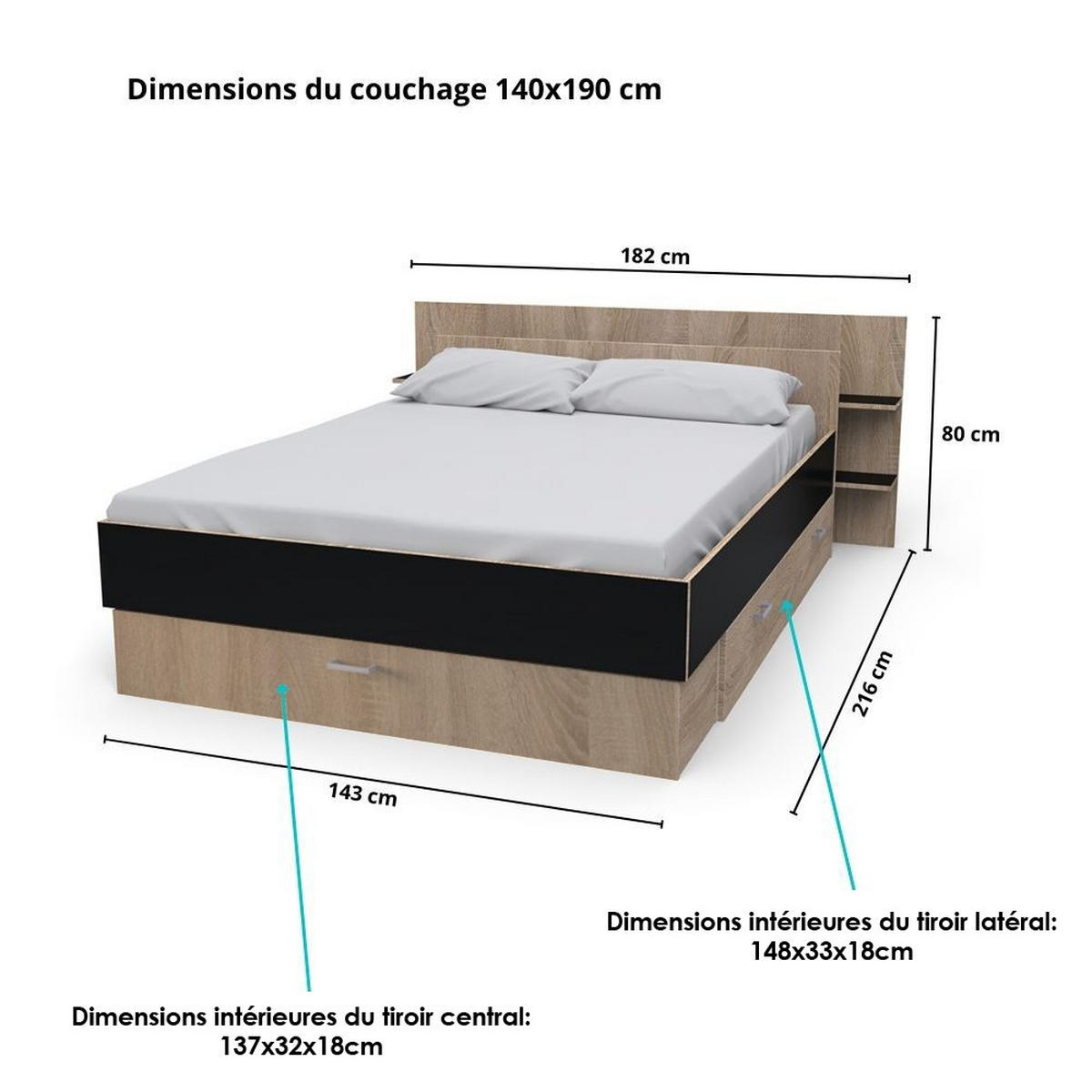 BETT SAMBA mit Schubladen / Bett 140x190 - Schwarz & gebleichte Eiche Dekor - Schwarz, Holzwerkstoff (140/190cm) - Weber Industries