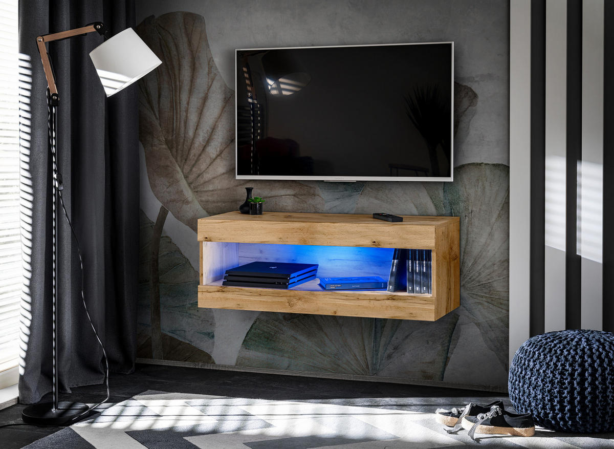 HÄNGEBOARD TV TIVOLI RTV2+BLU Offener Raum Wotan + Wotan - Eiche Wotan/Weiß, Glas/Holzwerkstoff (100/36/35cm) - Komodee