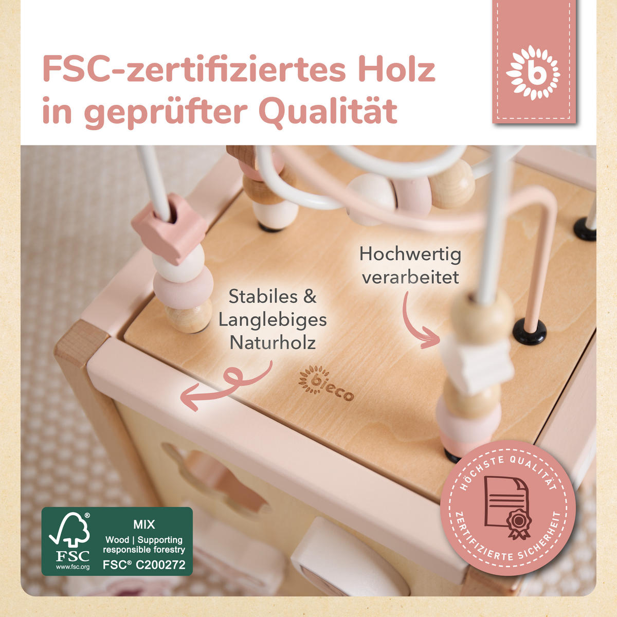 MOTORIKWÜRFEL Reh Ella XXL - Rosa, Holz (30/30cm) - Bieco Spielwaren