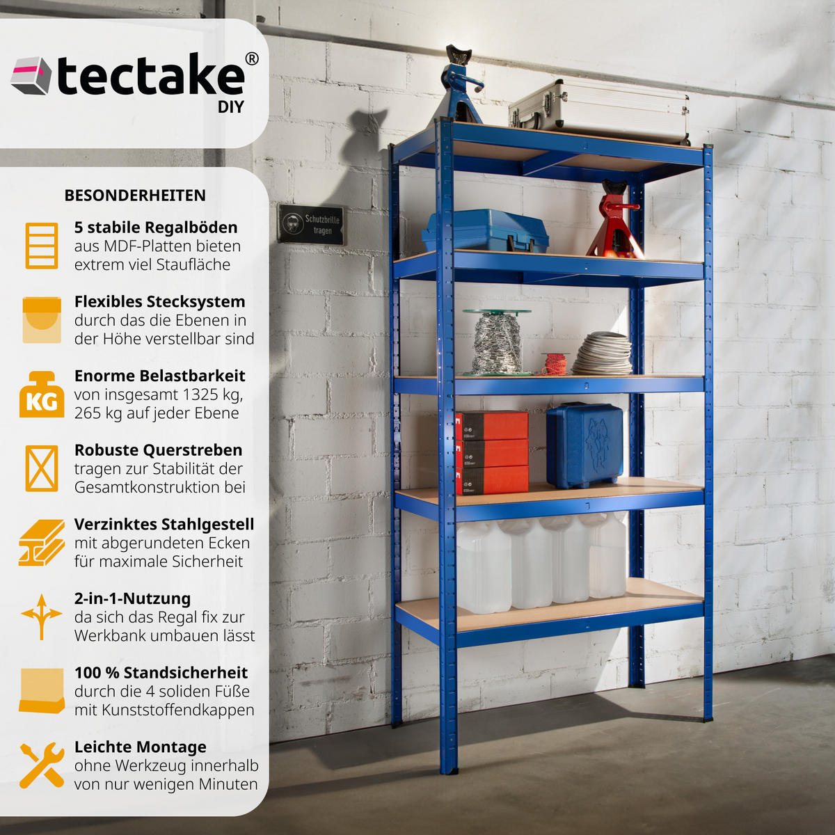 SCHWERLASTREGAL , 90,5 x 45,5 x 180,5 cm, blau - Blau, Metall (45.5/180.5/90.5cm) - tectake