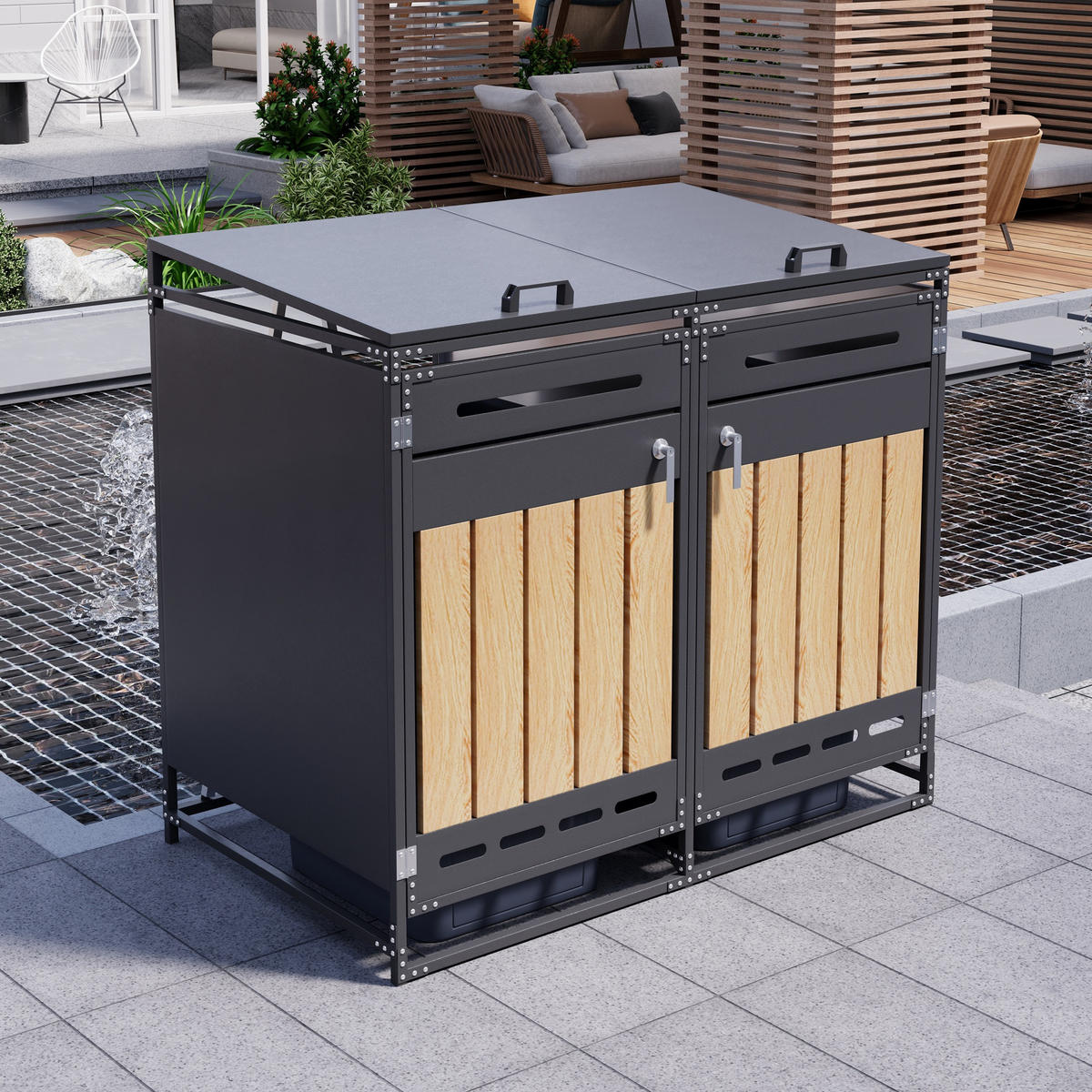 MÜLLTONNENBOX Hydraulik Deckel Holzoptik Schloss - Schwarz, Metall (131/116/79cm) - LEBENLANG