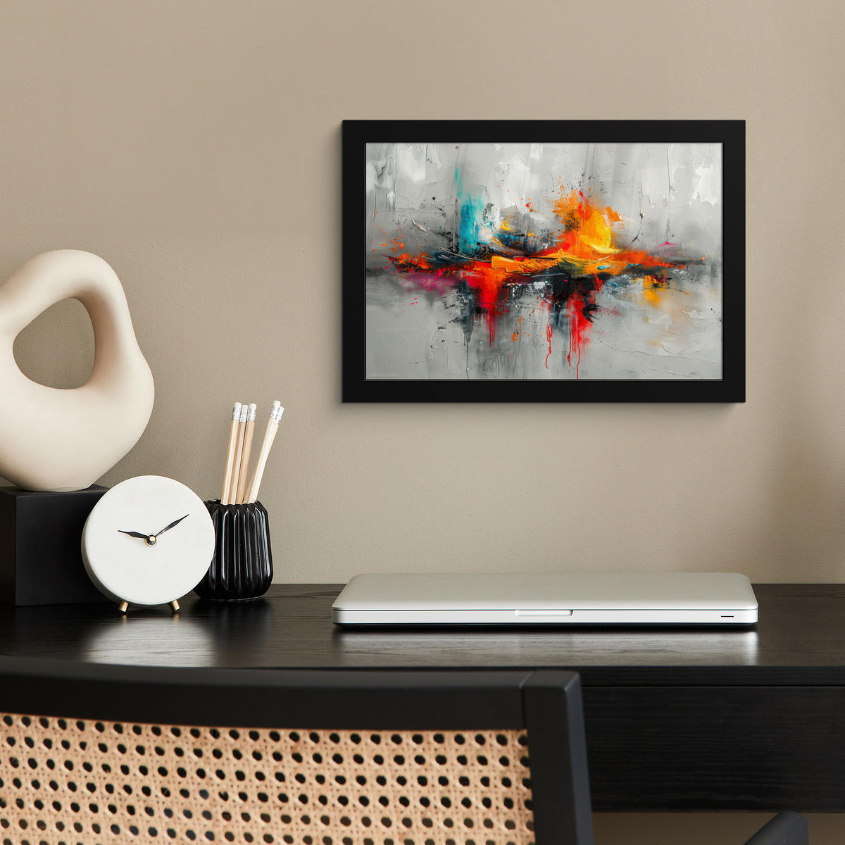POSTER MIT RAHMEN Moderne Kunst - Orange - Grau - Abstrakt 30x20 cm - Hellgrau, Papier (30/20cm) - MuchoWow