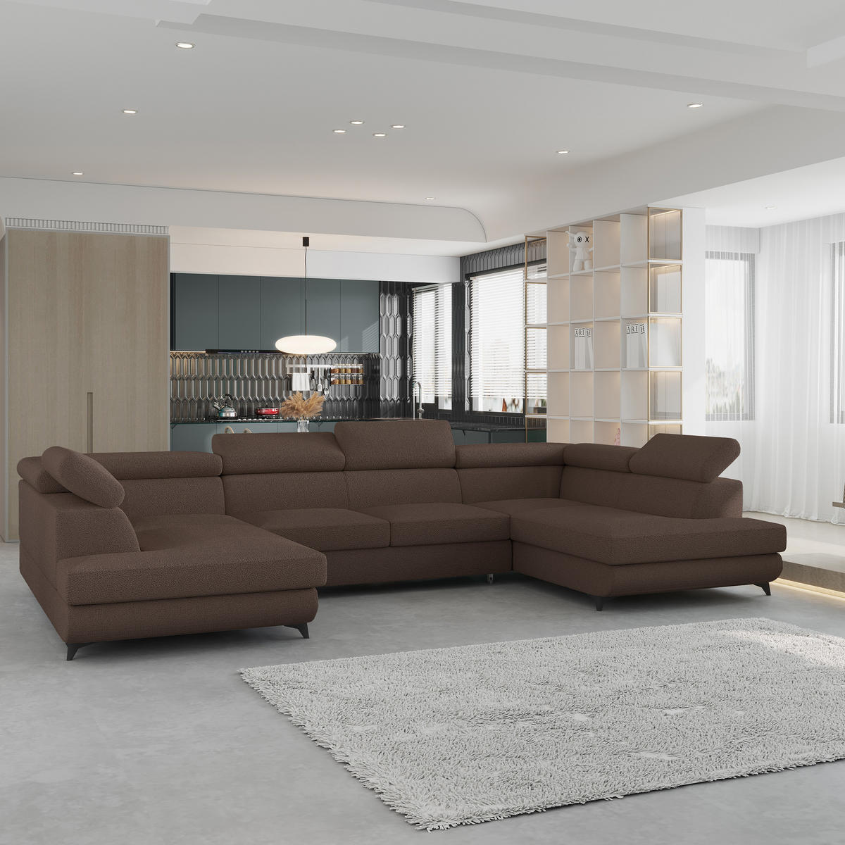 WOHNLANDSCHAFT VINTESSA Braun Boucle-Stoff mit Schlaffunktion - Braun, Holz (323/89/190cm) - MASSENO