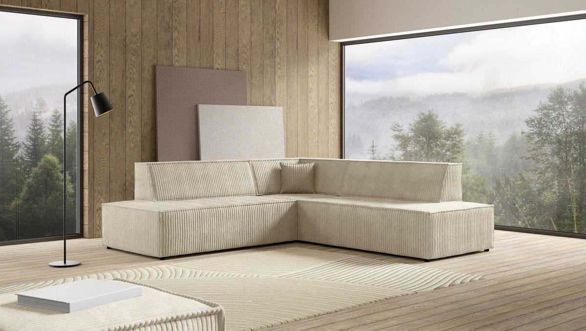 ECKSOFA TESSO II R-S Creme Kordstoff mit Schlaffunktion - Creme, Holz (254/254cm) - MASSENO