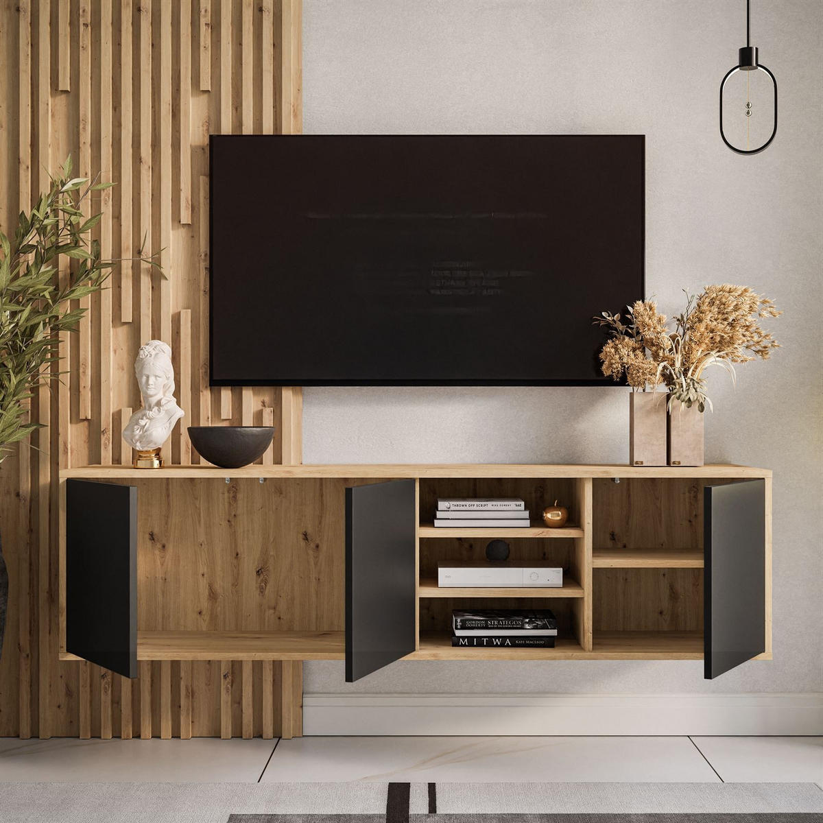 TV-ELEMENT SANAYI Hängend mit Regalen Eiche Artisan/Schwarz - Schwarz, Holzwerkstoff (156/41/38cm) - Lookway