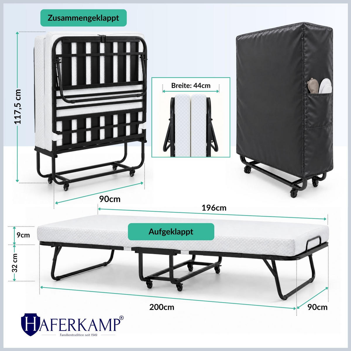 KLAPPBETT RESTO inkl. Premium Matratze 250kg Faltbar Gästebett TxB 90x200cm Weiß - Weiß, Metall