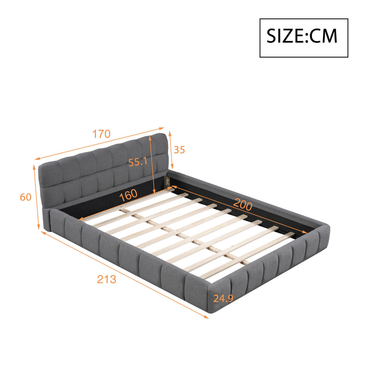 POLSTERBETT 160x200 cm, Grau, Leinen - Grau, Textil/Metall (160/200cm)
